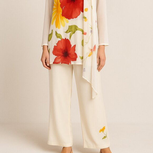 Dorothy Schoelen Platinum 3-Piece Set – Floral Tunic Top & Wide-Leg Pants - Picture 2 of 8